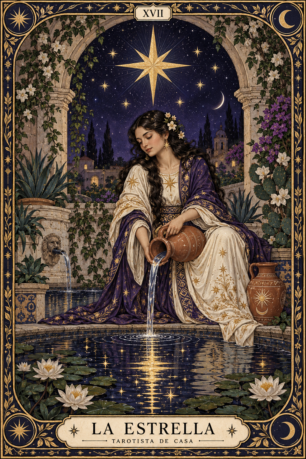 La Estrella: ilustración de tarot creada para Tarotista de Casa, con una mujer vertiendo agua bajo un cielo estrellado.